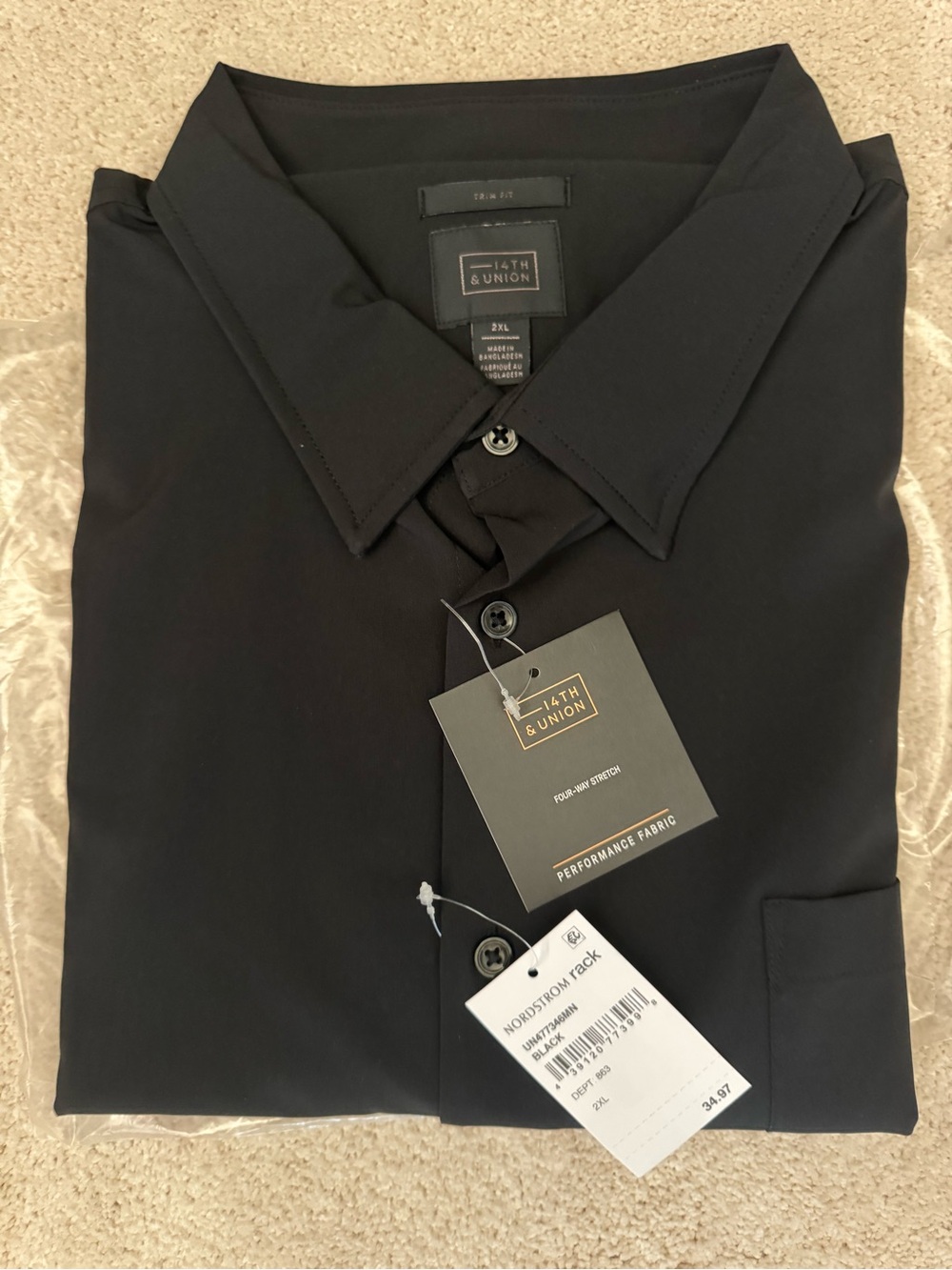 NWT 14th & Union Men’s Black Performance Stretch Shirt 2XL Nordstrom